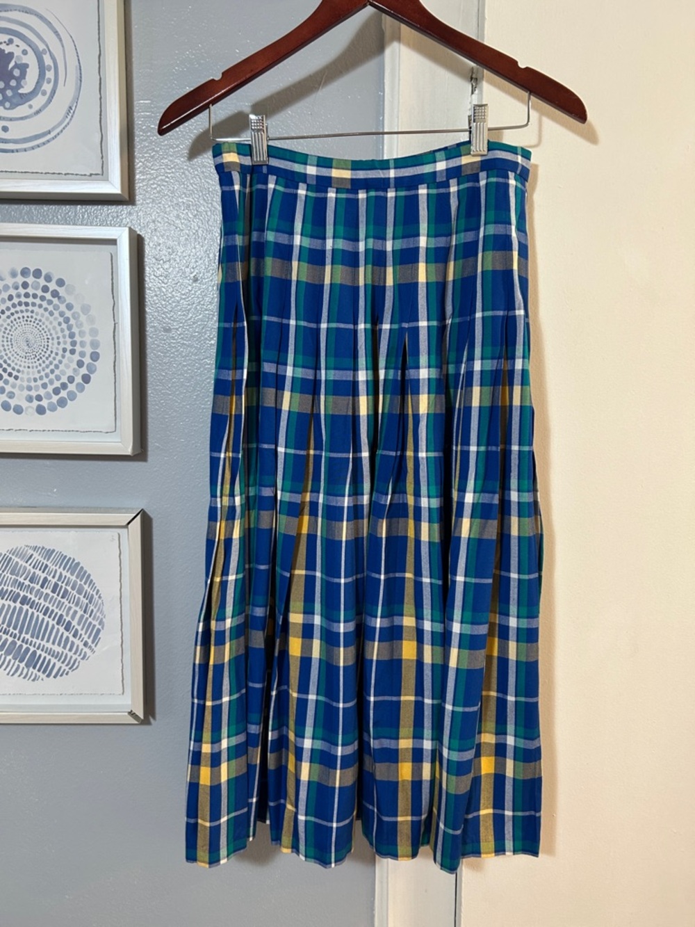 Pendleton Vintage Rayon Blue, Green & Yellow Plaid Midi Pleated Skirt Size 12